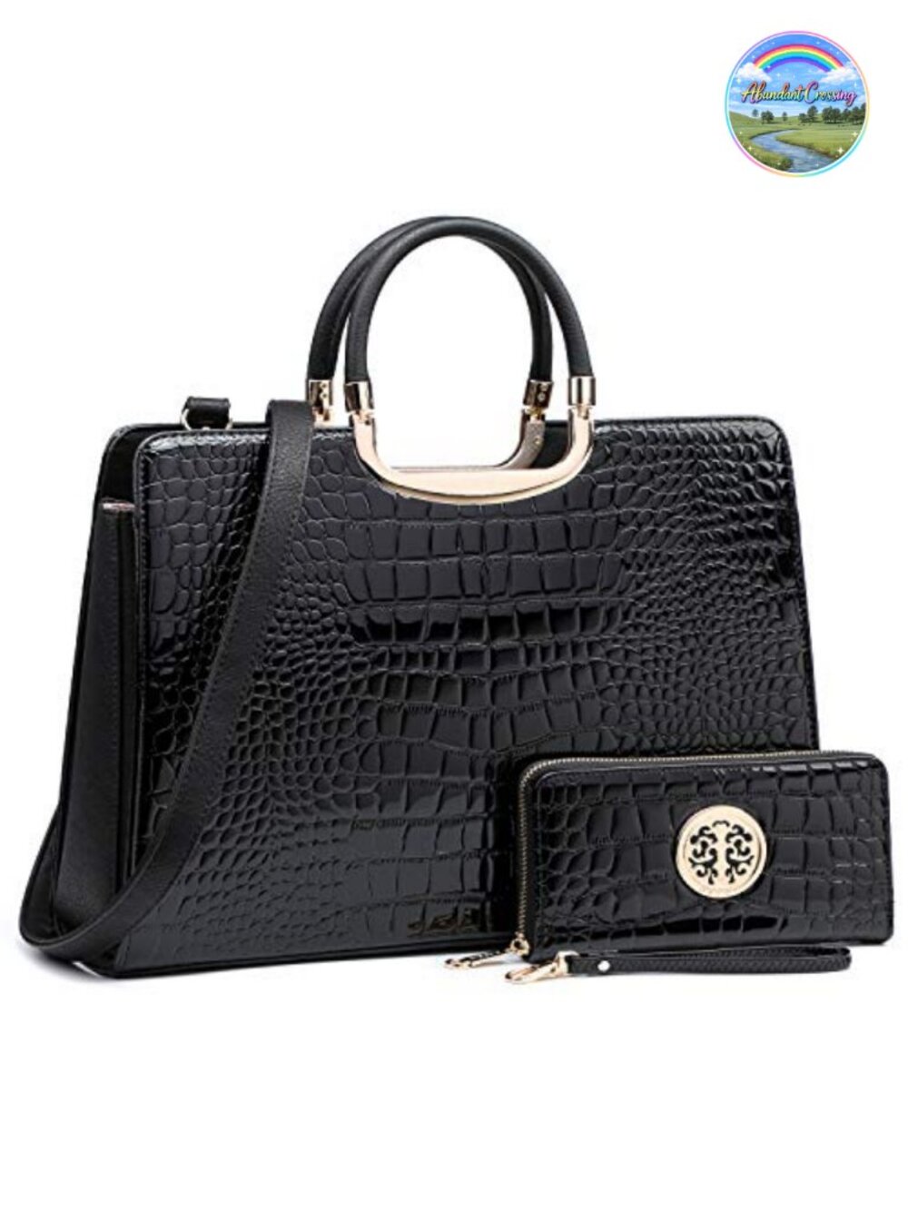 Vegan PU Croco Satchel Purse with Matching Wallet and Shoulder Strap